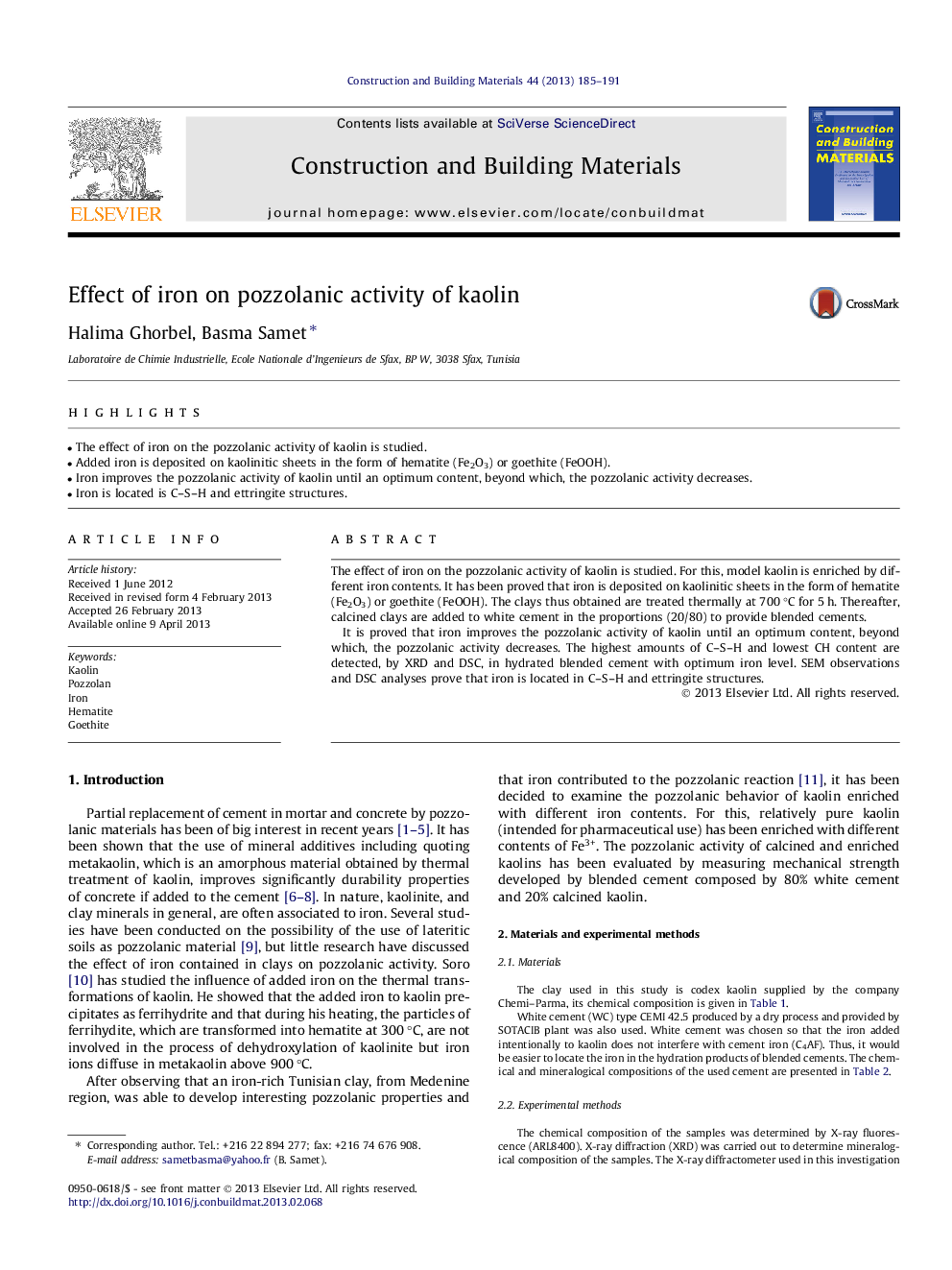 Effect of iron on pozzolanic activity of kaolin