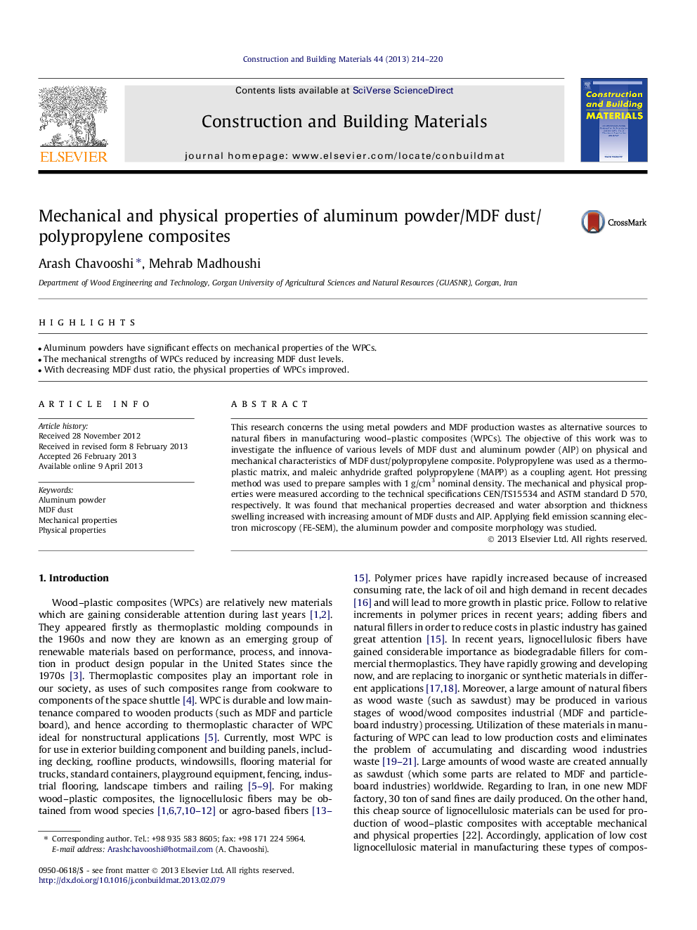 Mechanical and physical properties of aluminum powder/MDF dust/polypropylene composites