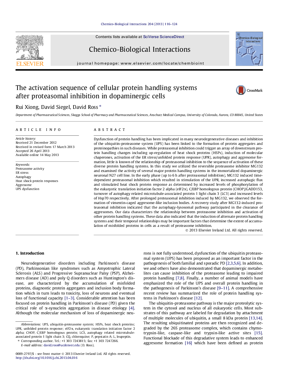 The activation sequence of cellular protein handling systems after proteasomal inhibition in dopaminergic cells