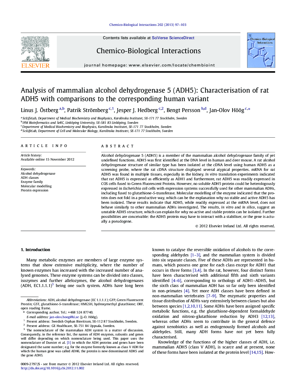 Analysis of mammalian alcohol dehydrogenase 5 (ADH5): Characterisation of rat ADH5 with comparisons to the corresponding human variant