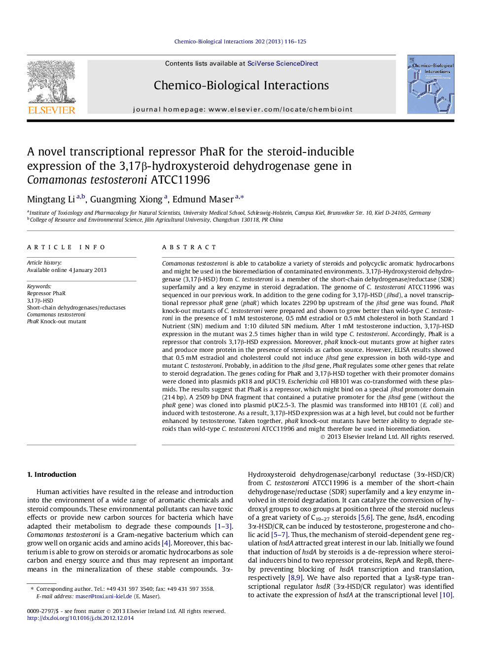 A novel transcriptional repressor PhaR for the steroid-inducible expression of the 3,17β-hydroxysteroid dehydrogenase gene in Comamonas testosteroni ATCC11996