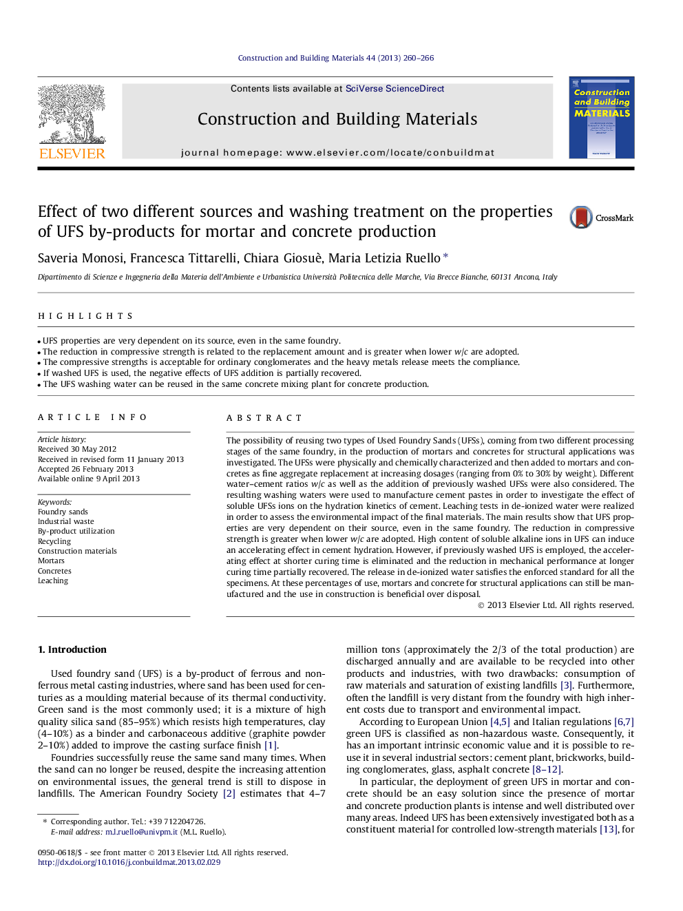 Effect of two different sources and washing treatment on the properties of UFS by-products for mortar and concrete production