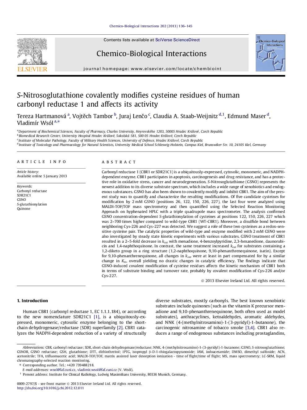 S-Nitrosoglutathione covalently modifies cysteine residues of human carbonyl reductase 1 and affects its activity