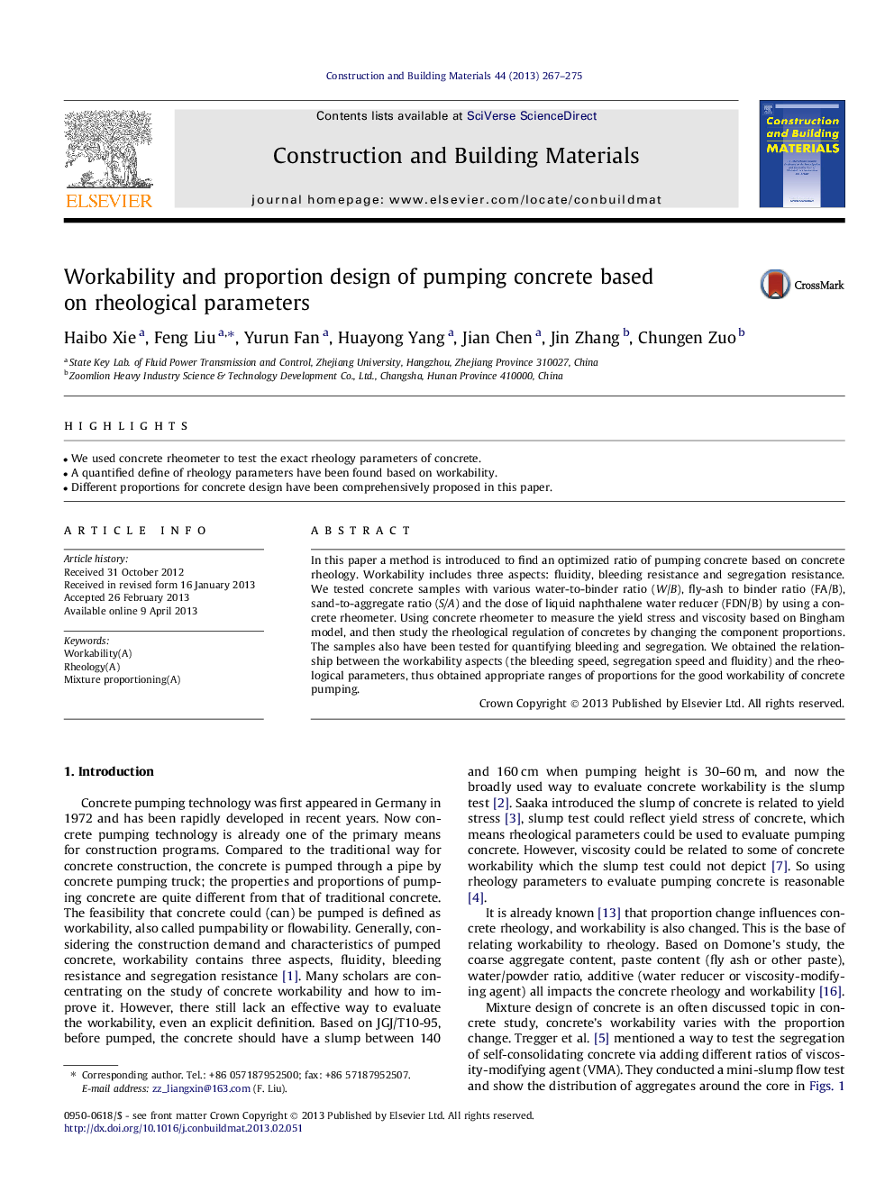 Workability and proportion design of pumping concrete based on rheological parameters