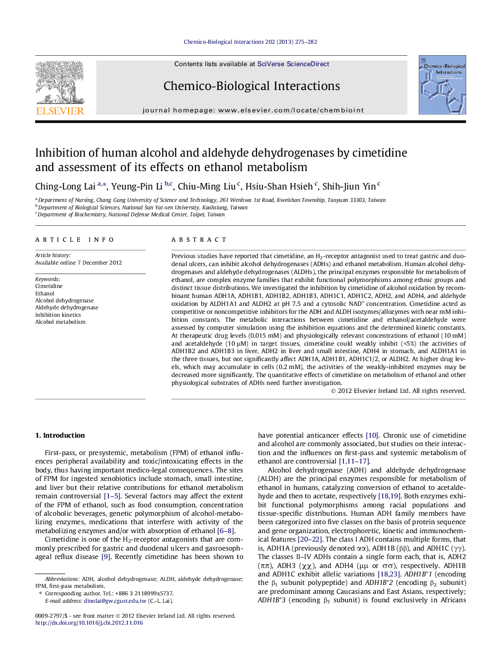 Inhibition of human alcohol and aldehyde dehydrogenases by cimetidine and assessment of its effects on ethanol metabolism