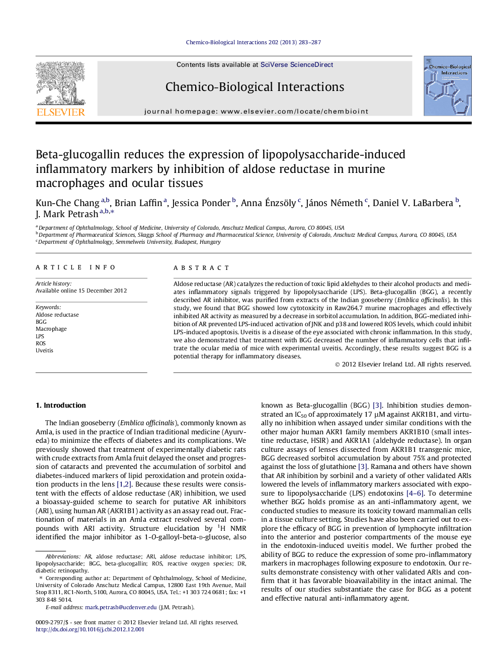 Beta-glucogallin reduces the expression of lipopolysaccharide-induced inflammatory markers by inhibition of aldose reductase in murine macrophages and ocular tissues