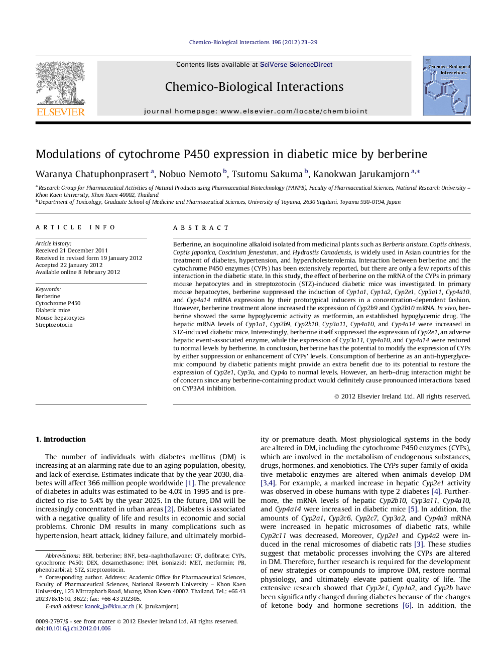 Modulations of cytochrome P450 expression in diabetic mice by berberine