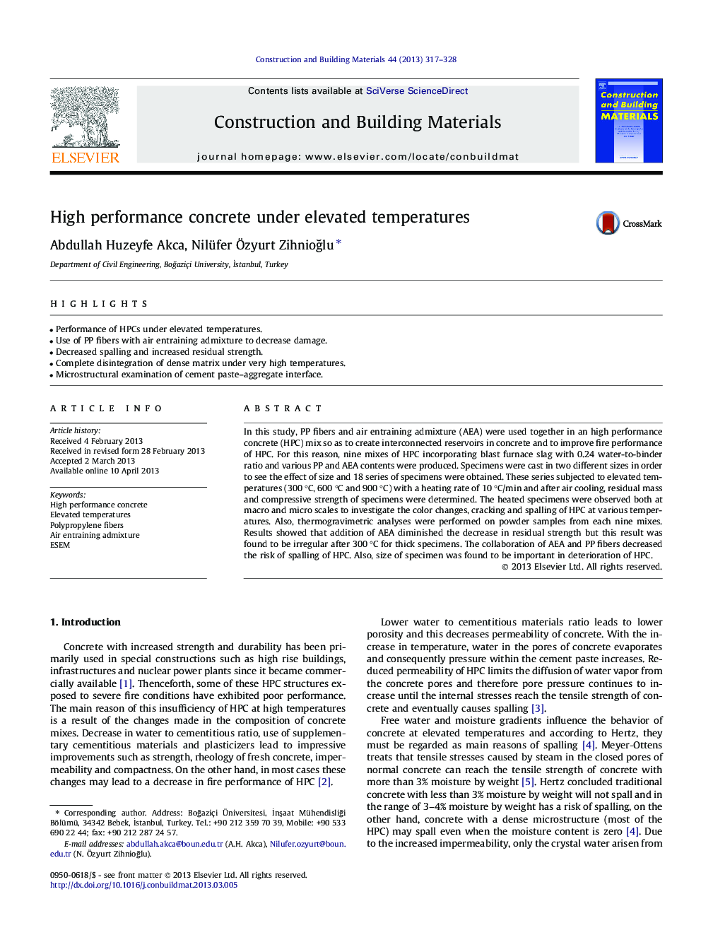 High performance concrete under elevated temperatures