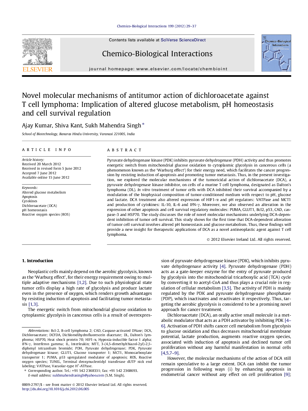 Novel molecular mechanisms of antitumor action of dichloroacetate against T cell lymphoma: Implication of altered glucose metabolism, pH homeostasis and cell survival regulation