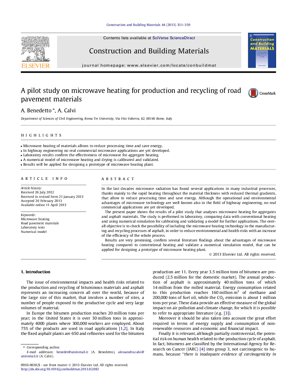 A pilot study on microwave heating for production and recycling of road pavement materials