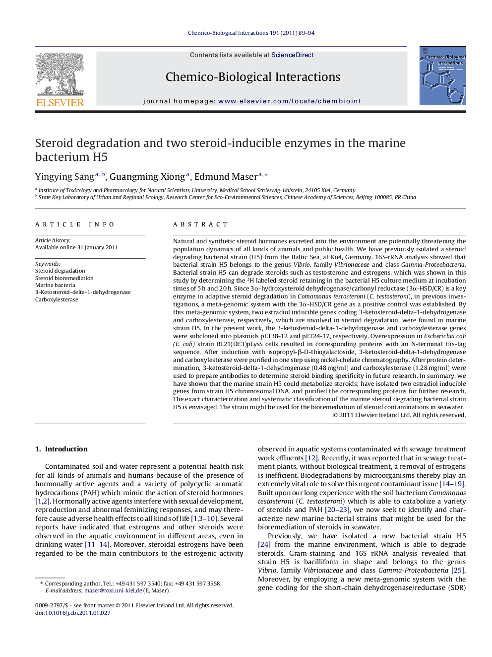 Steroid degradation and two steroid-inducible enzymes in the marine bacterium H5