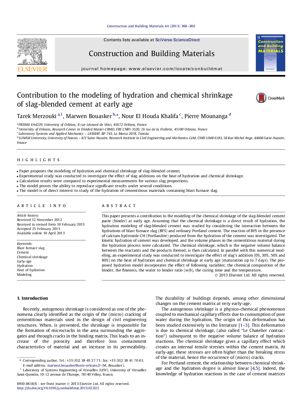 Contribution to the modeling of hydration and chemical shrinkage of slag-blended cement at early age