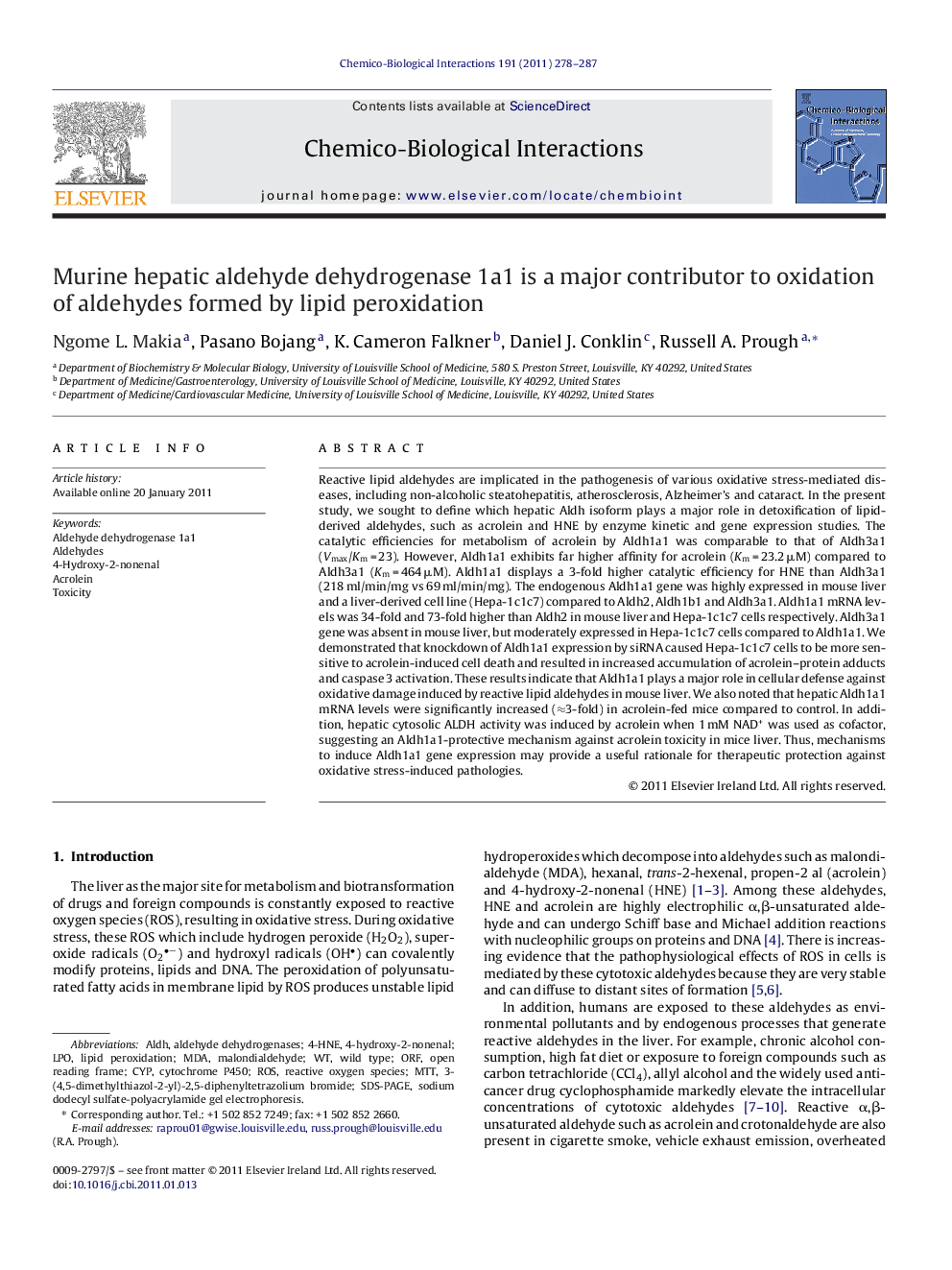 Murine hepatic aldehyde dehydrogenase 1a1 is a major contributor to oxidation of aldehydes formed by lipid peroxidation