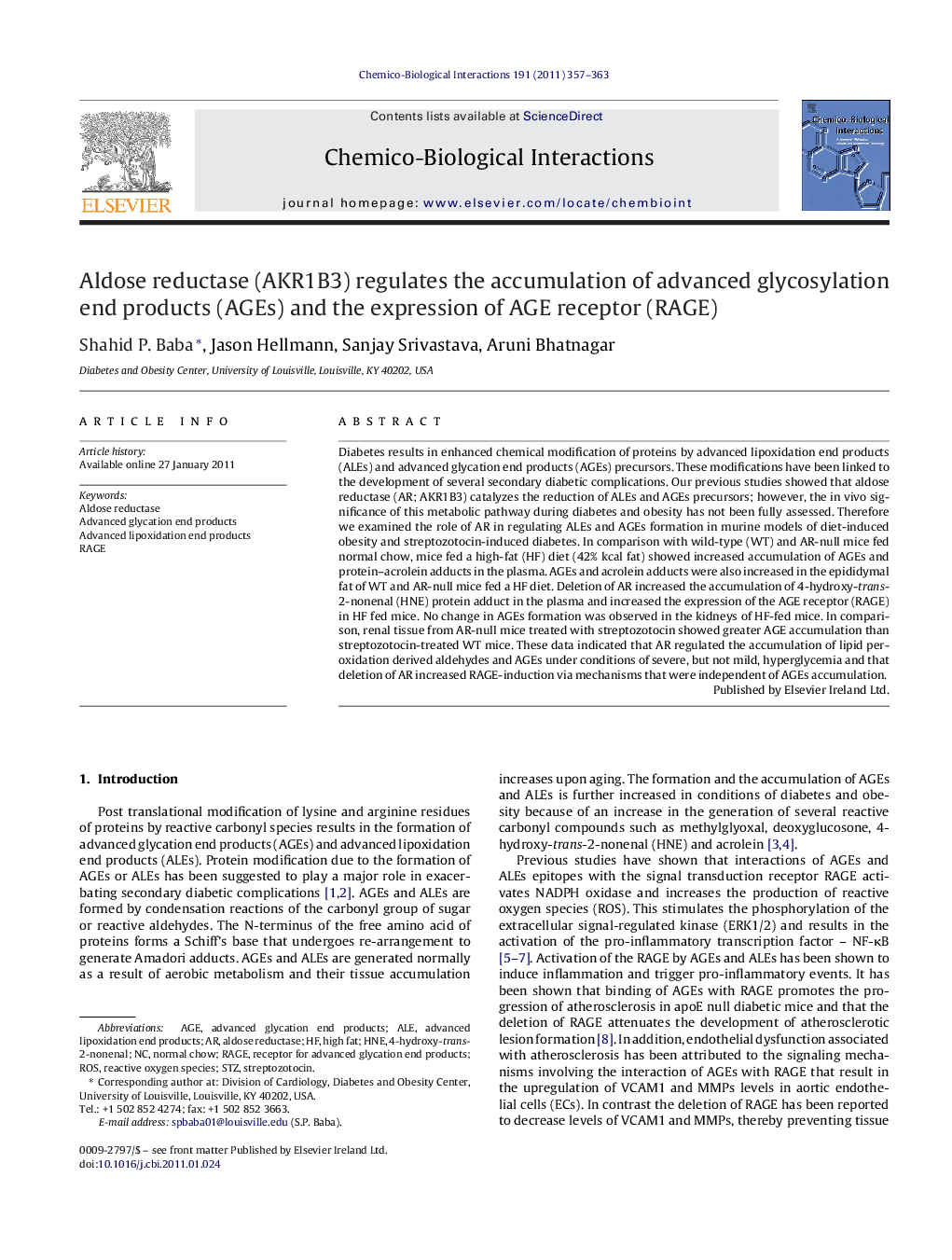 Aldose reductase (AKR1B3) regulates the accumulation of advanced glycosylation end products (AGEs) and the expression of AGE receptor (RAGE)