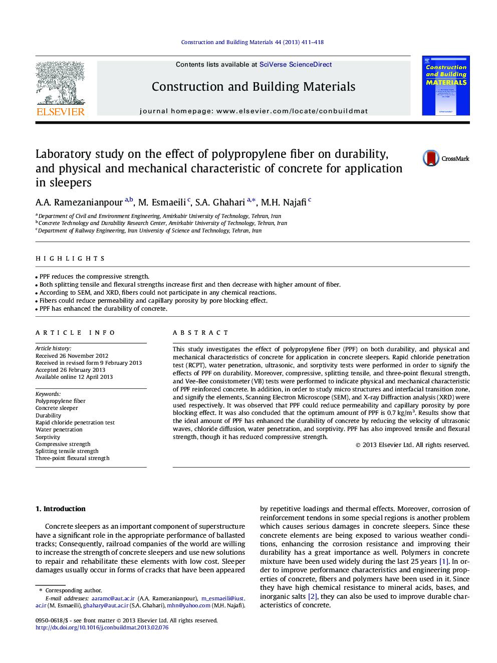 Laboratory study on the effect of polypropylene fiber on durability, and physical and mechanical characteristic of concrete for application in sleepers