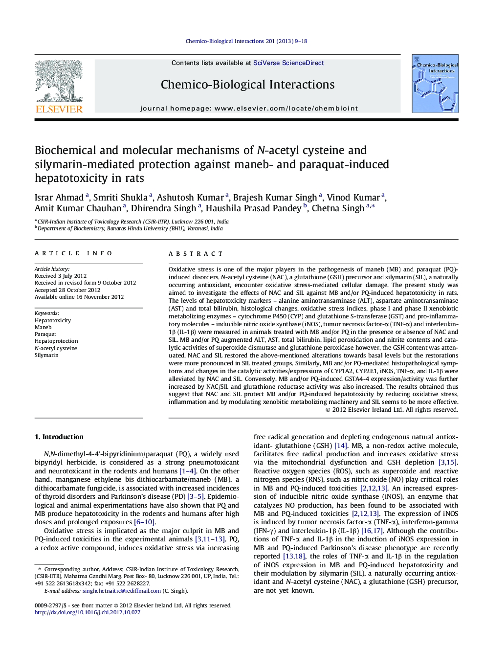 Biochemical and molecular mechanisms of N-acetyl cysteine and silymarin-mediated protection against maneb- and paraquat-induced hepatotoxicity in rats