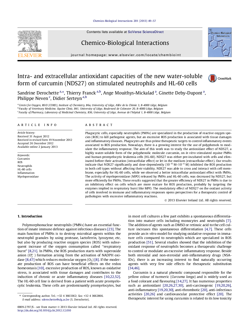 Intra- and extracellular antioxidant capacities of the new water-soluble form of curcumin (NDS27) on stimulated neutrophils and HL-60 cells