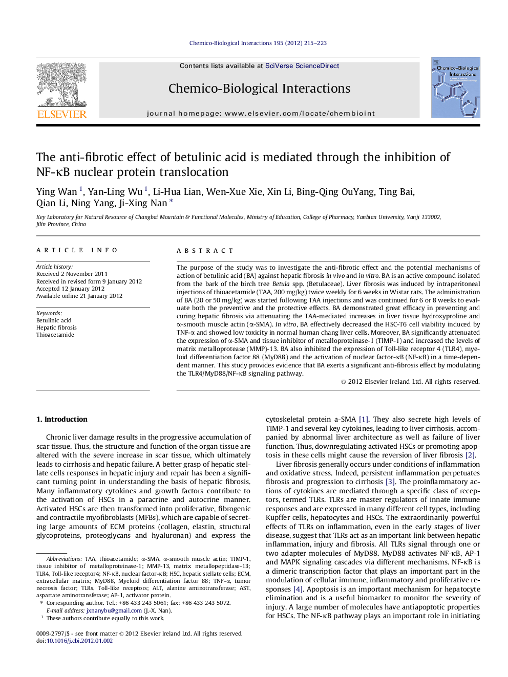 The anti-fibrotic effect of betulinic acid is mediated through the inhibition of NF-κB nuclear protein translocation