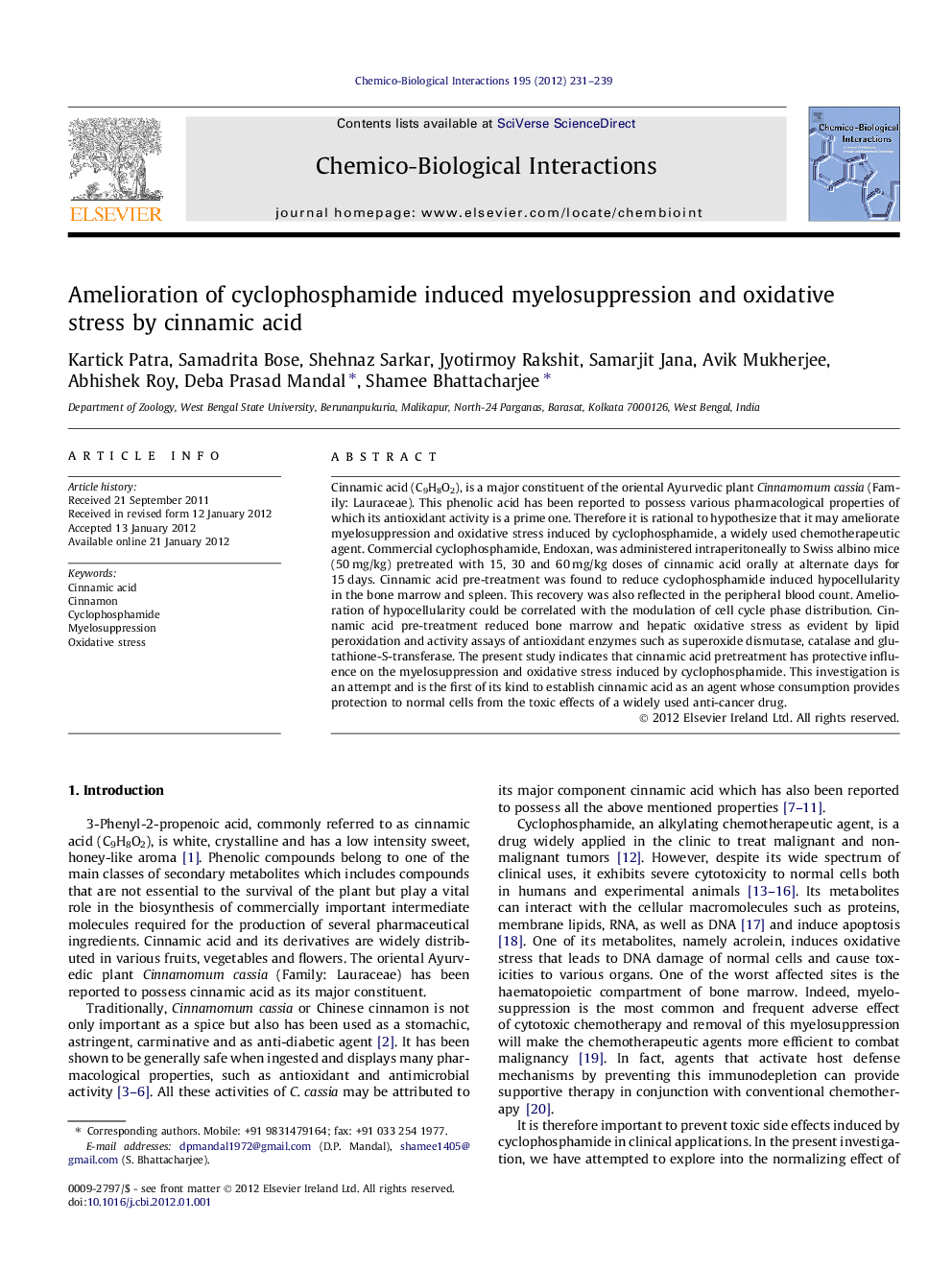 Amelioration of cyclophosphamide induced myelosuppression and oxidative stress by cinnamic acid