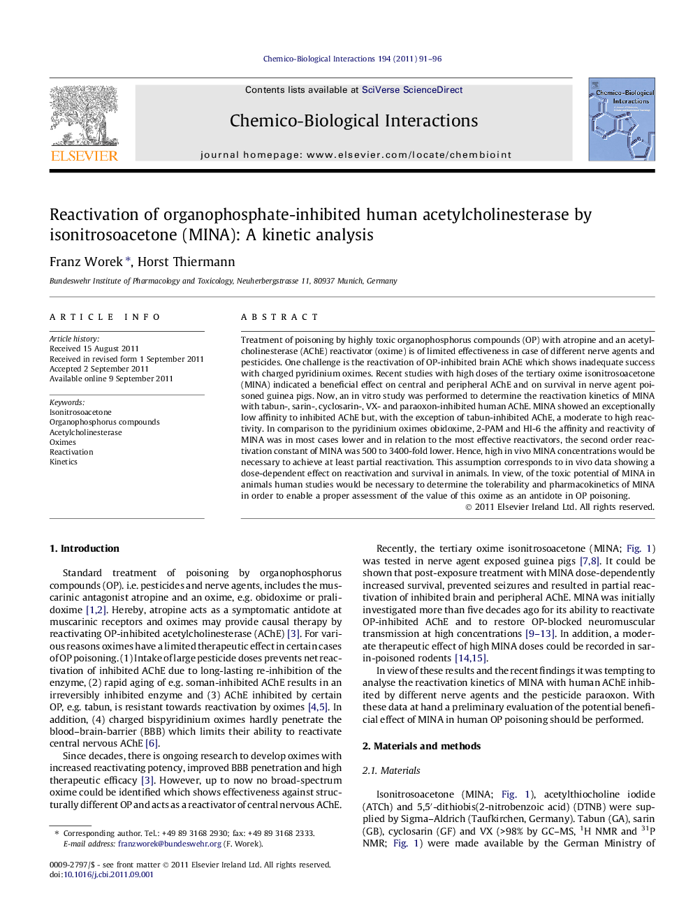 Reactivation of organophosphate-inhibited human acetylcholinesterase by isonitrosoacetone (MINA): A kinetic analysis