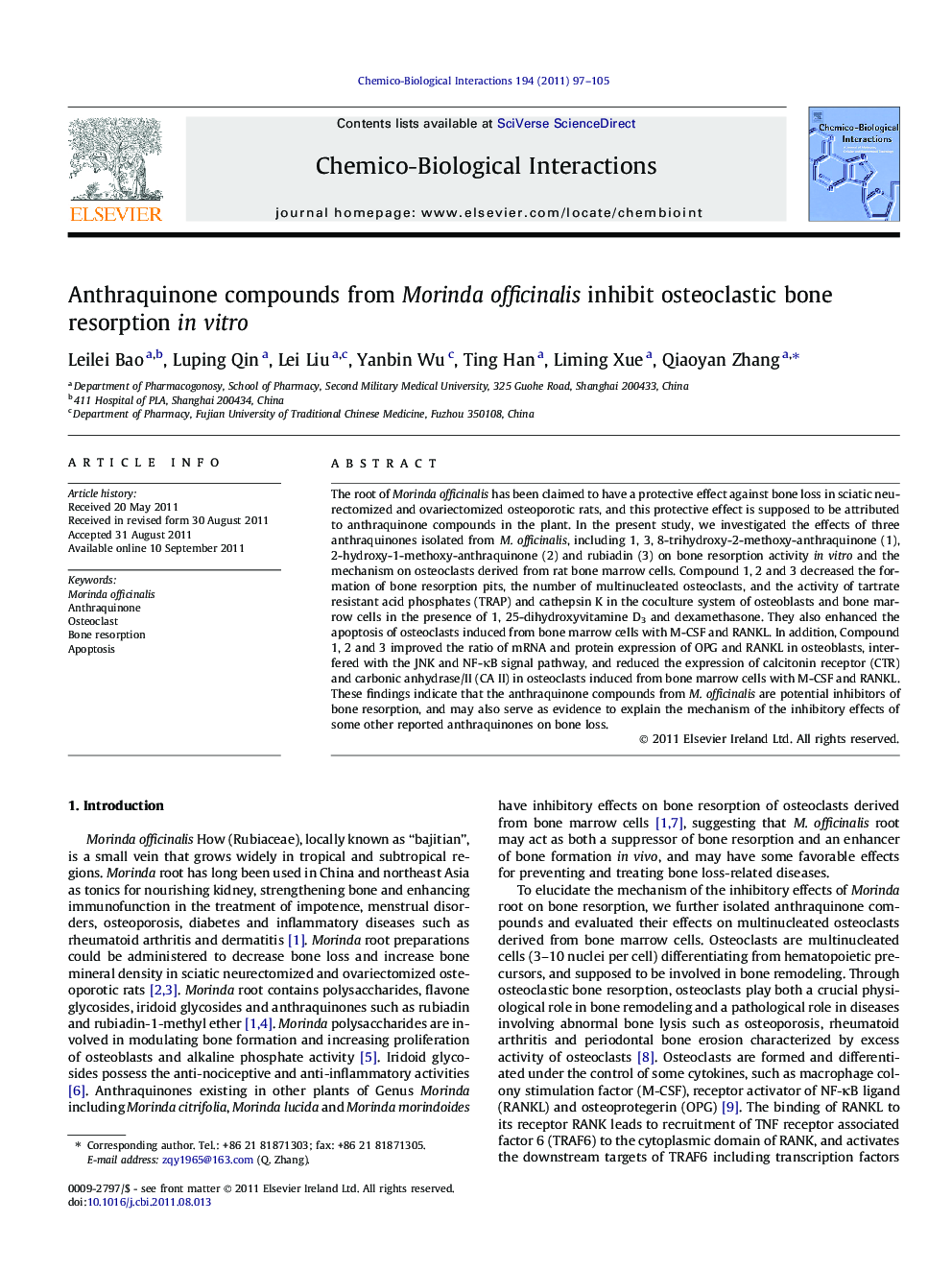 Anthraquinone compounds from Morinda officinalis inhibit osteoclastic bone resorption in vitro