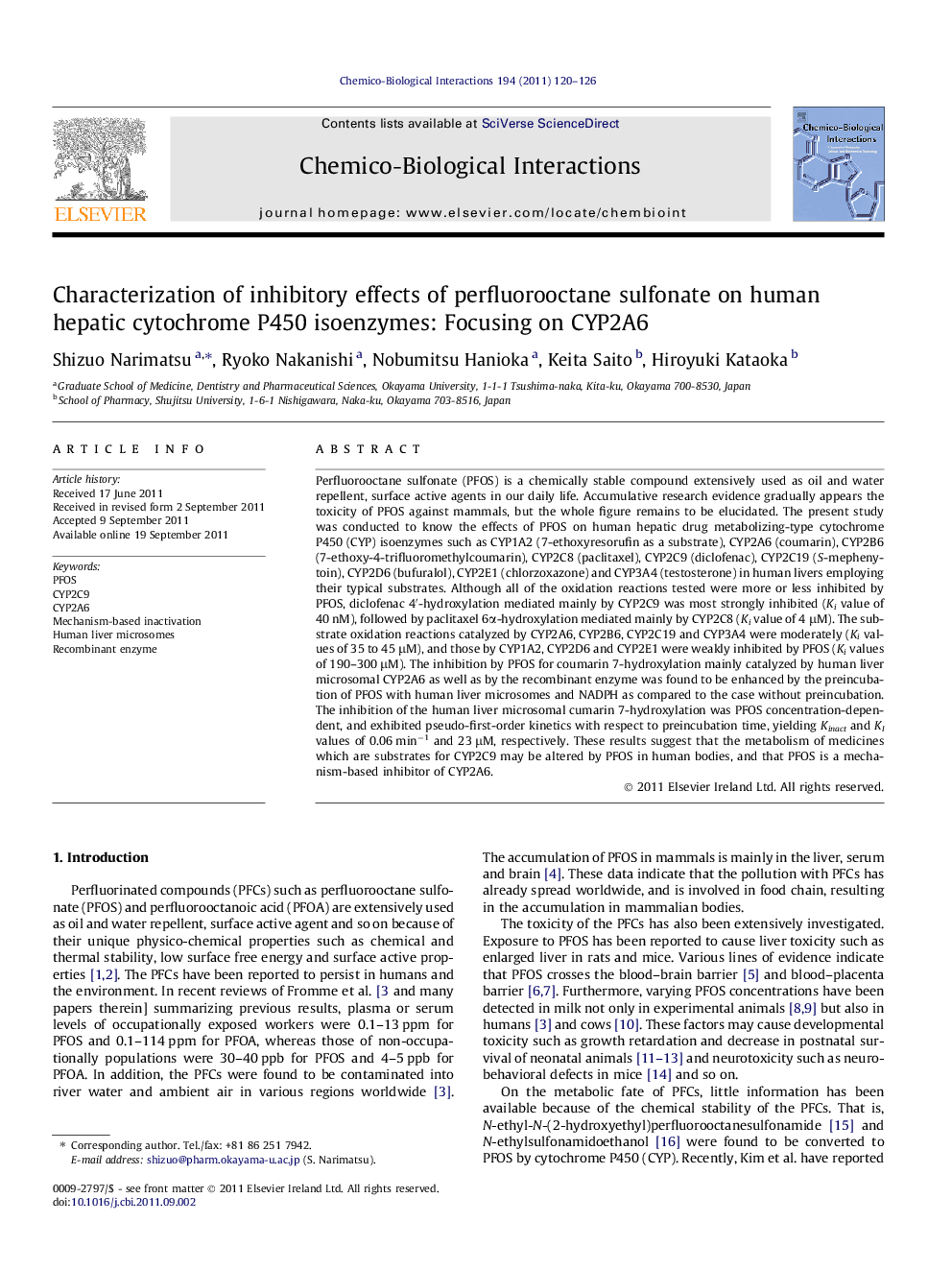 Characterization of inhibitory effects of perfluorooctane sulfonate on human hepatic cytochrome P450 isoenzymes: Focusing on CYP2A6