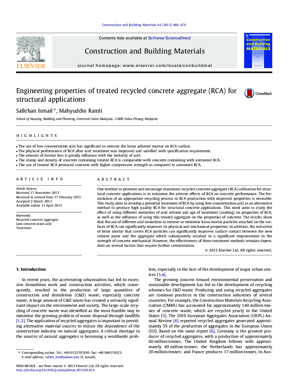 Engineering properties of treated recycled concrete aggregate (RCA) for structural applications