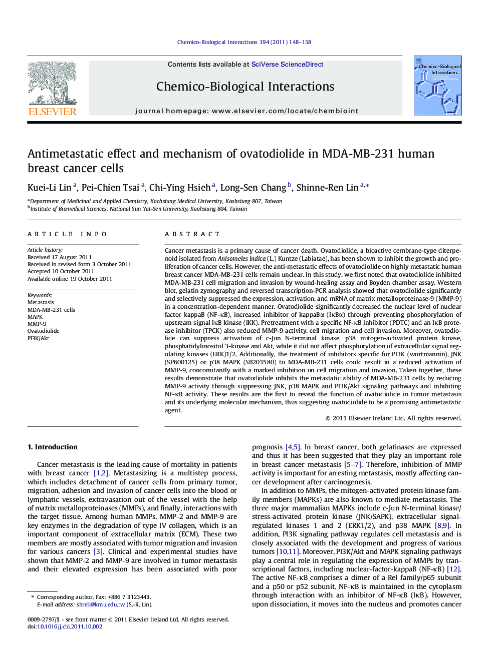 Antimetastatic effect and mechanism of ovatodiolide in MDA-MB-231 human breast cancer cells