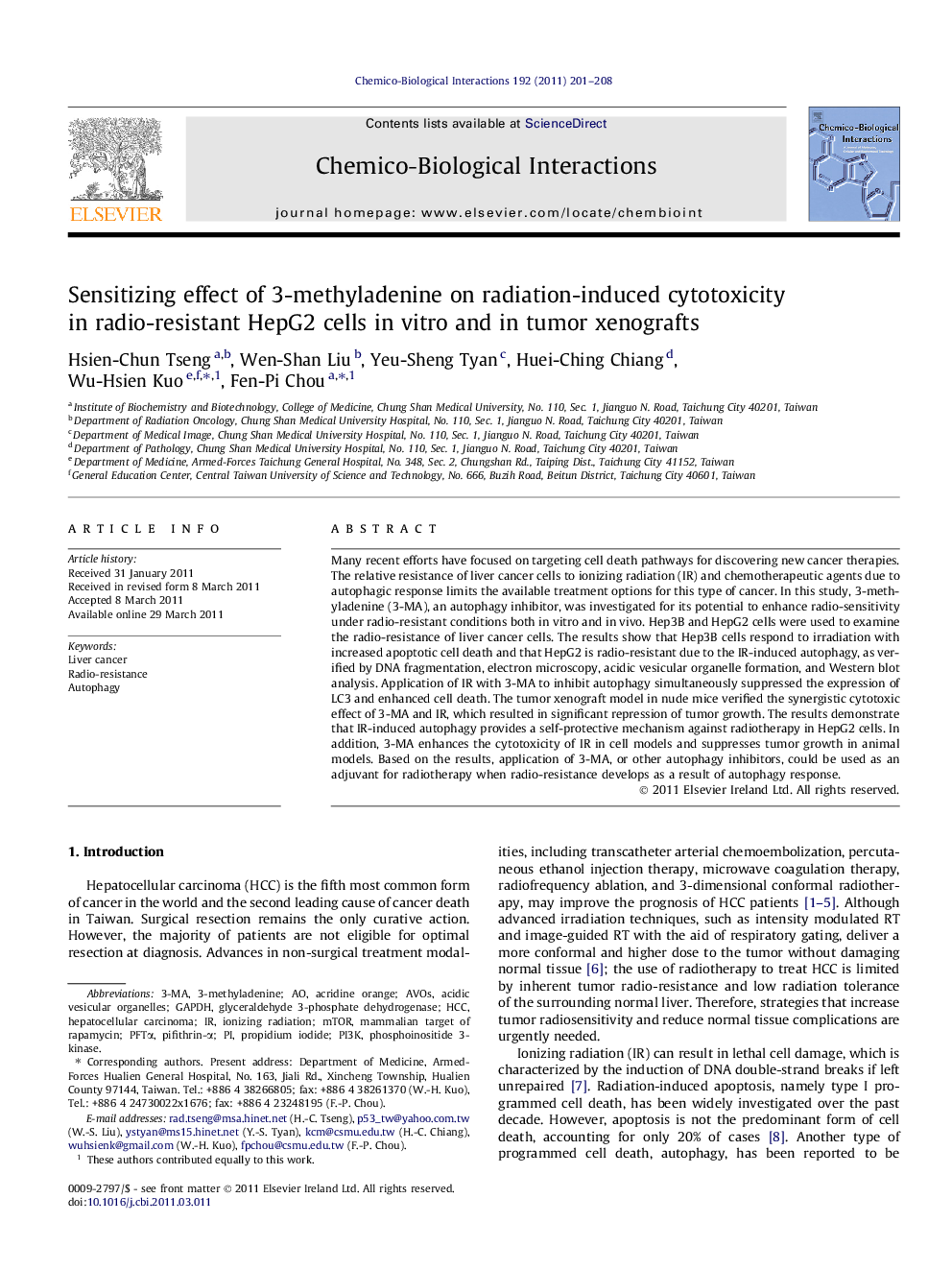 Sensitizing effect of 3-methyladenine on radiation-induced cytotoxicity in radio-resistant HepG2 cells in vitro and in tumor xenografts