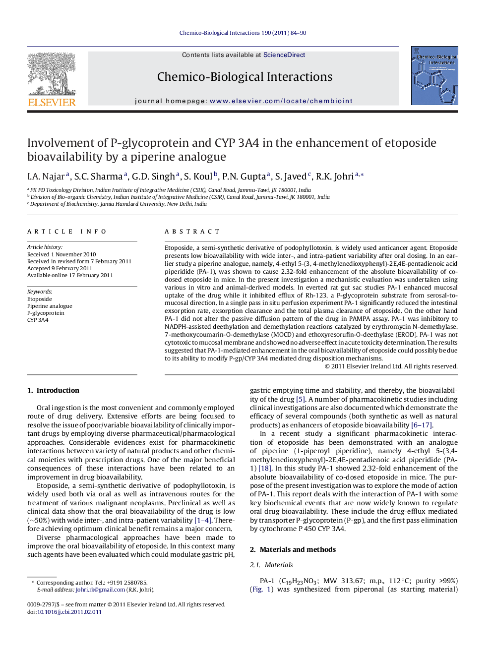 عکس صفحه اول مقاله: Involvement of P-glycoprotein and CYP 3A4 in the enhancement of etoposide bioavailability by a piperine analogue Involvement of P-glycoprotein and CYP 3A4 in the enhancement of etoposide bioavailability by a piperine analogue