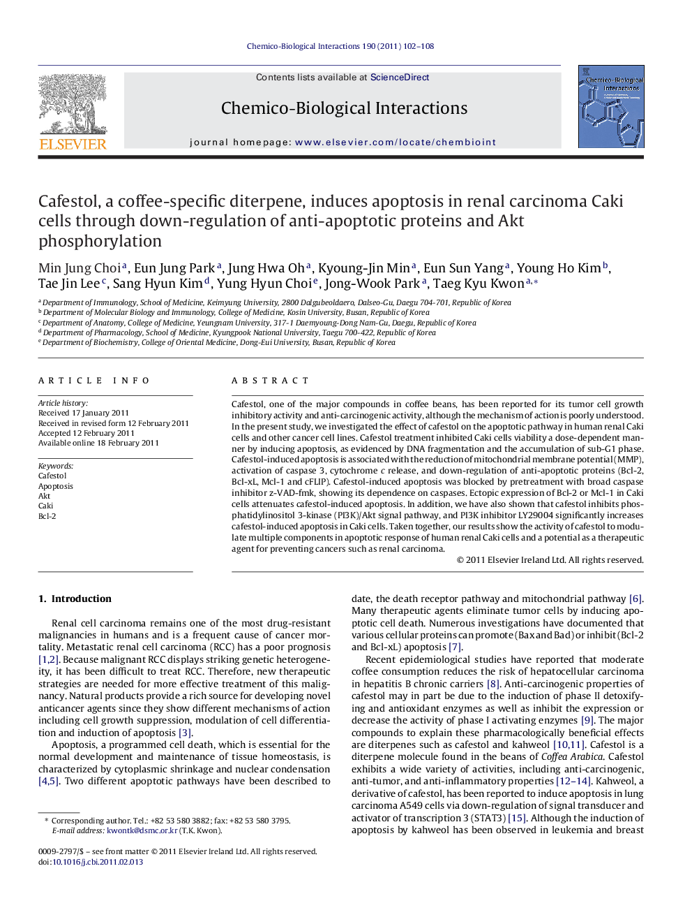 Cafestol, a coffee-specific diterpene, induces apoptosis in renal carcinoma Caki cells through down-regulation of anti-apoptotic proteins and Akt phosphorylation