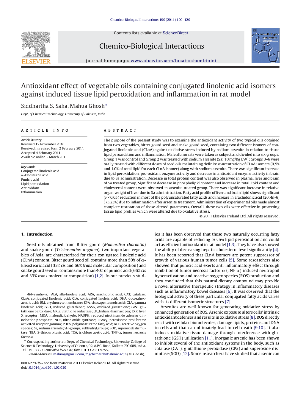 Antioxidant effect of vegetable oils containing conjugated linolenic acid isomers against induced tissue lipid peroxidation and inflammation in rat model