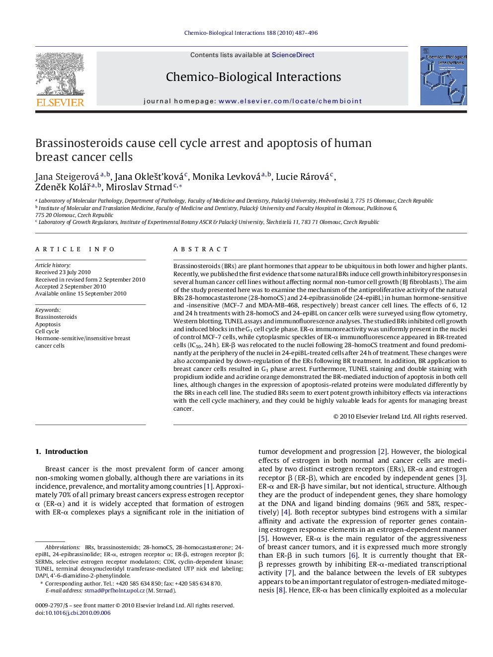 Brassinosteroids cause cell cycle arrest and apoptosis of human breast cancer cells