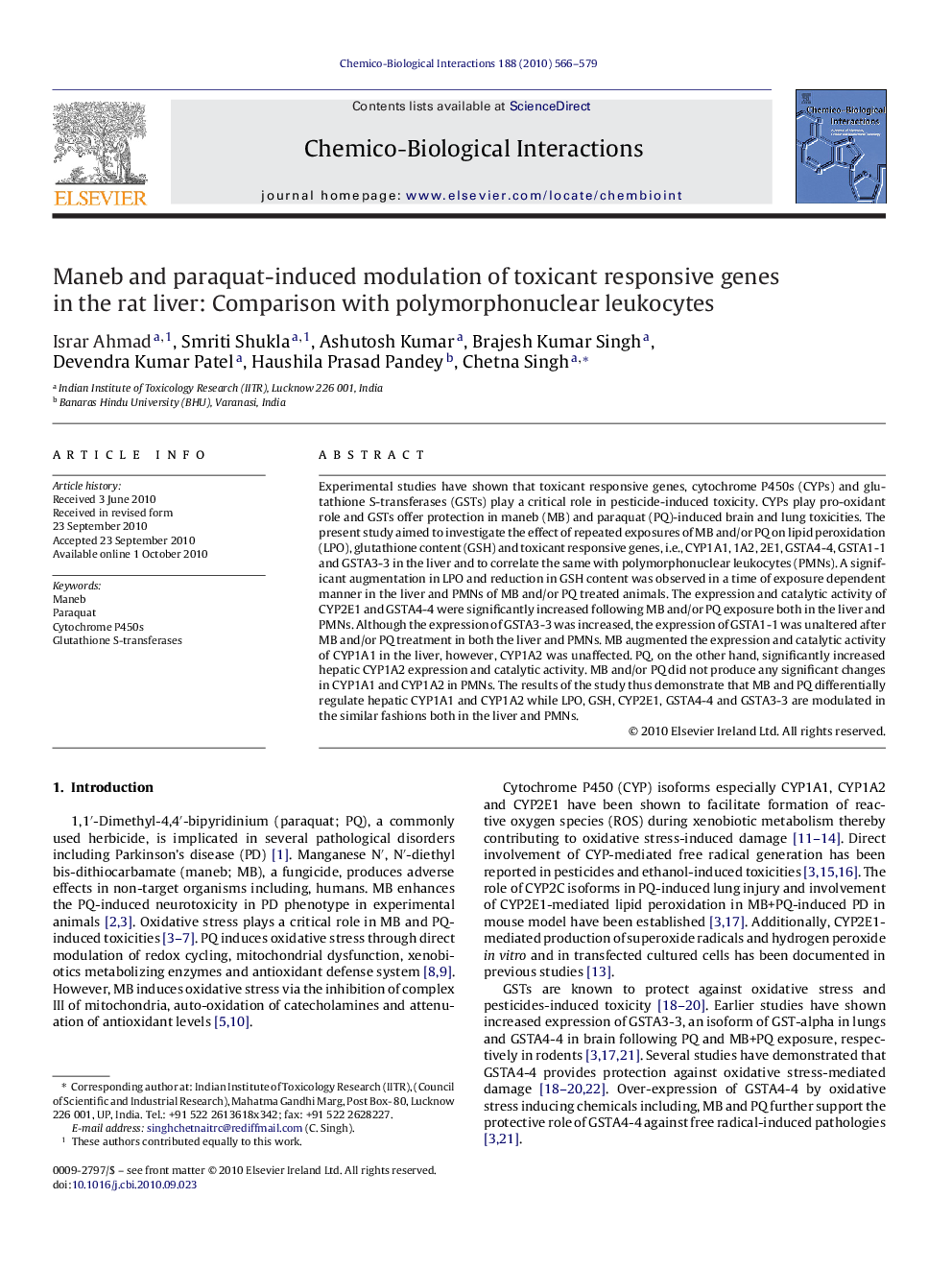 Maneb and paraquat-induced modulation of toxicant responsive genes in the rat liver: Comparison with polymorphonuclear leukocytes