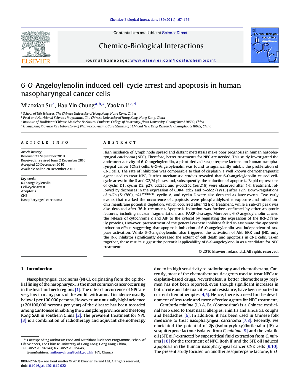 6-O-Angeloylenolin induced cell-cycle arrest and apoptosis in human nasopharyngeal cancer cells