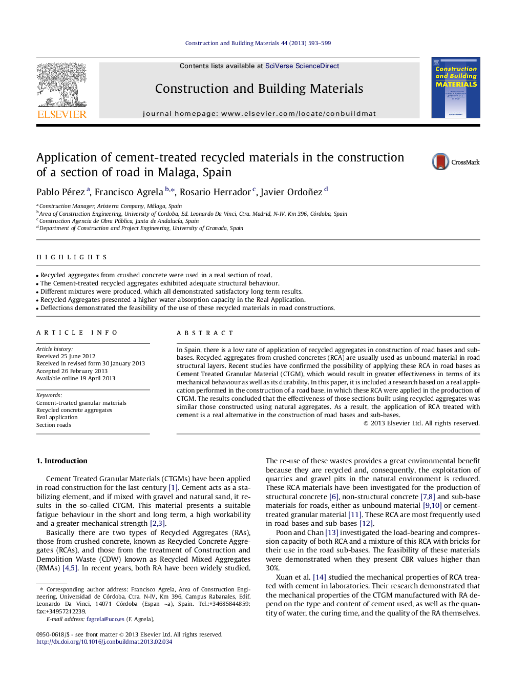 Application of cement-treated recycled materials in the construction of a section of road in Malaga, Spain