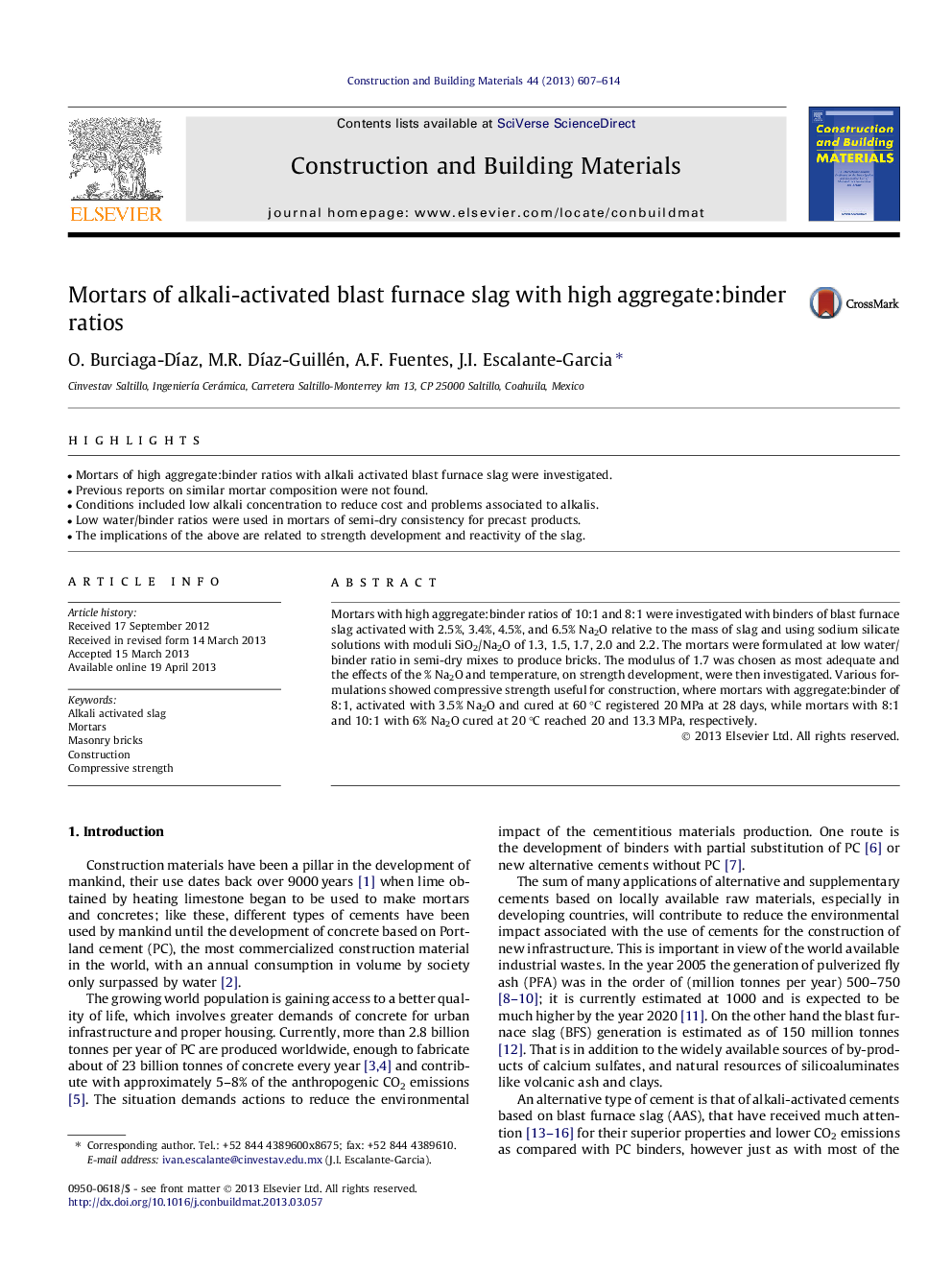 Mortars of alkali-activated blast furnace slag with high aggregate:binder ratios