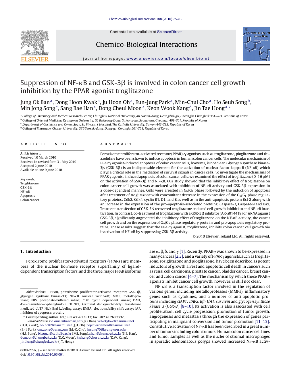 Suppression of NF-κB and GSK-3β is involved in colon cancer cell growth inhibition by the PPAR agonist troglitazone