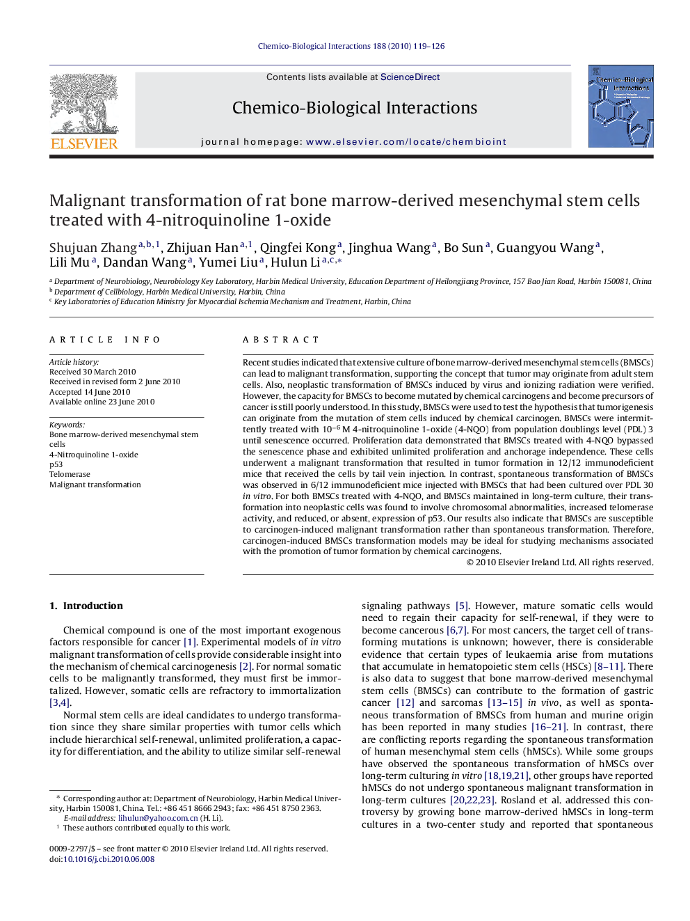 Malignant transformation of rat bone marrow-derived mesenchymal stem cells treated with 4-nitroquinoline 1-oxide