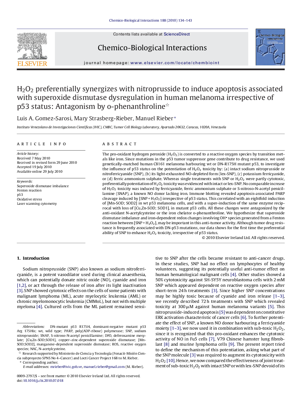 H2O2 preferentially synergizes with nitroprusside to induce apoptosis associated with superoxide dismutase dysregulation in human melanoma irrespective of p53 status: Antagonism by o-phenanthroline 