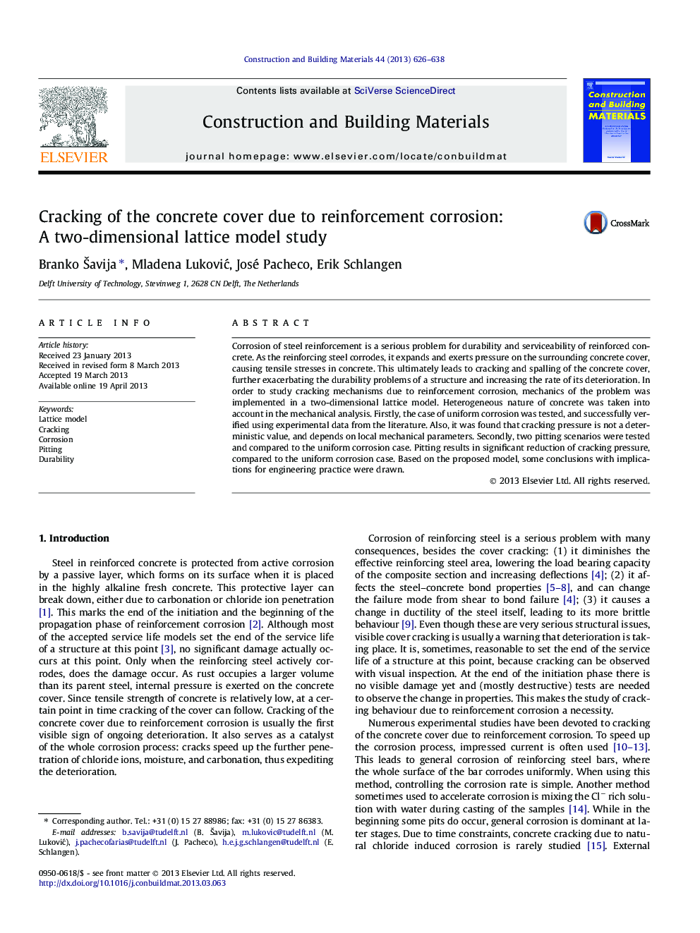 Cracking of the concrete cover due to reinforcement corrosion: A two-dimensional lattice model study