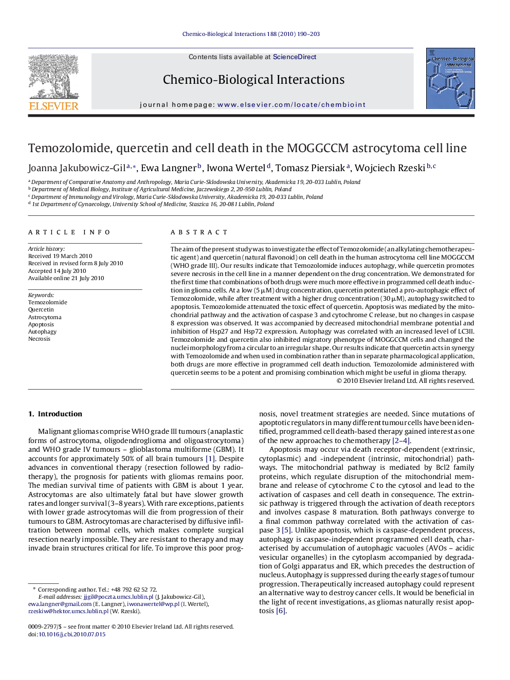 Temozolomide, quercetin and cell death in the MOGGCCM astrocytoma cell line