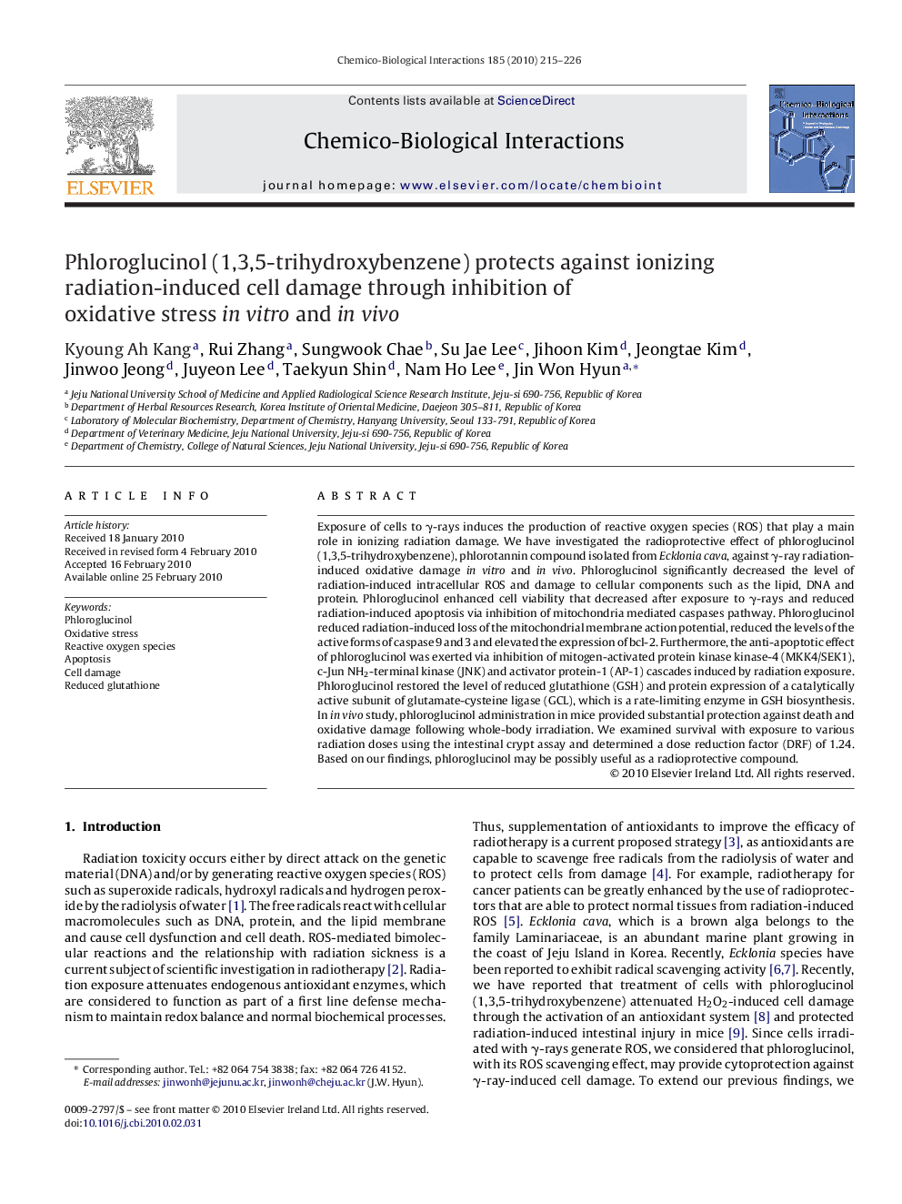 Phloroglucinol (1,3,5-trihydroxybenzene) protects against ionizing radiation-induced cell damage through inhibition of oxidative stress in vitro and in vivo