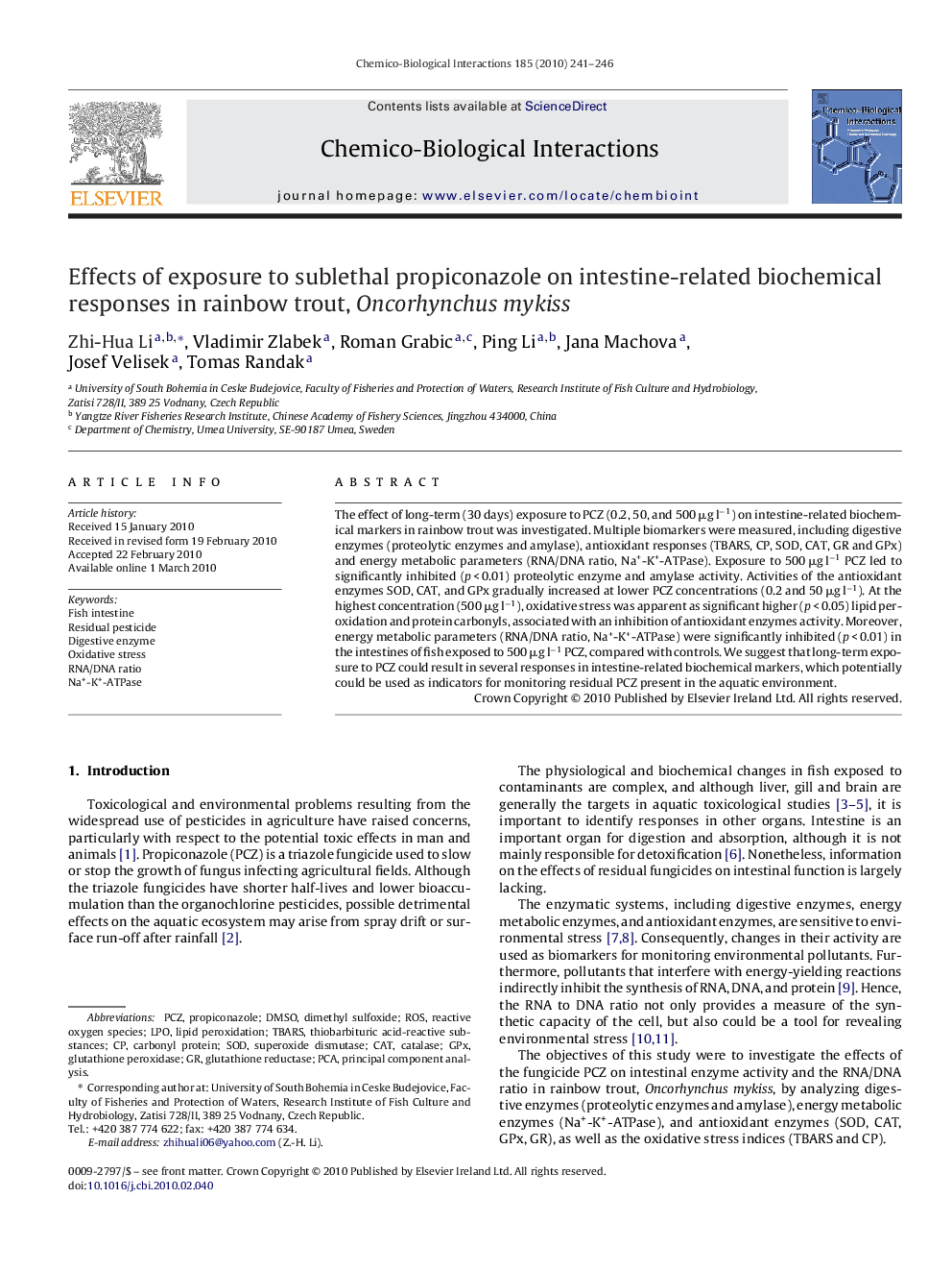 Effects of exposure to sublethal propiconazole on intestine-related biochemical responses in rainbow trout, Oncorhynchus mykiss