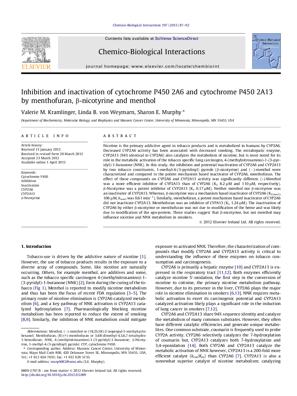 Inhibition and inactivation of cytochrome P450 2A6 and cytochrome P450 2A13 by menthofuran, β-nicotyrine and menthol