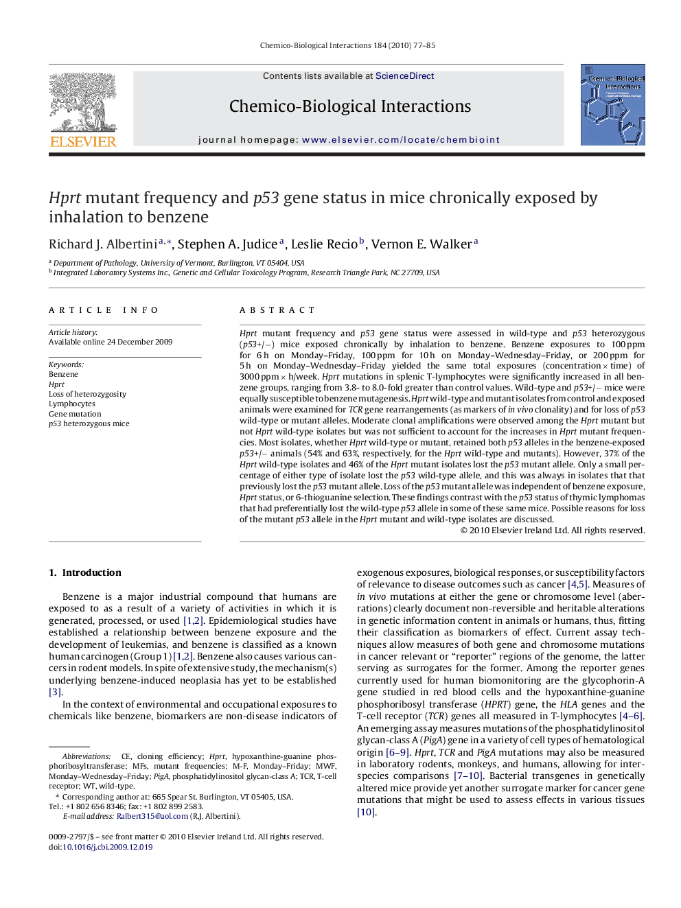 Hprt mutant frequency and p53 gene status in mice chronically exposed by inhalation to benzene