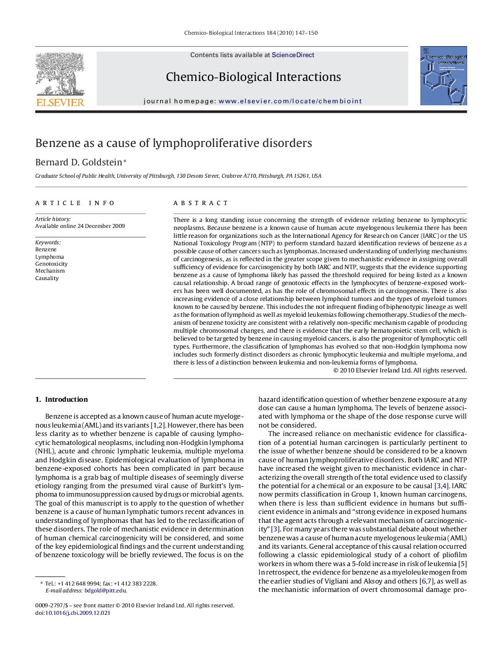 Benzene as a cause of lymphoproliferative disorders