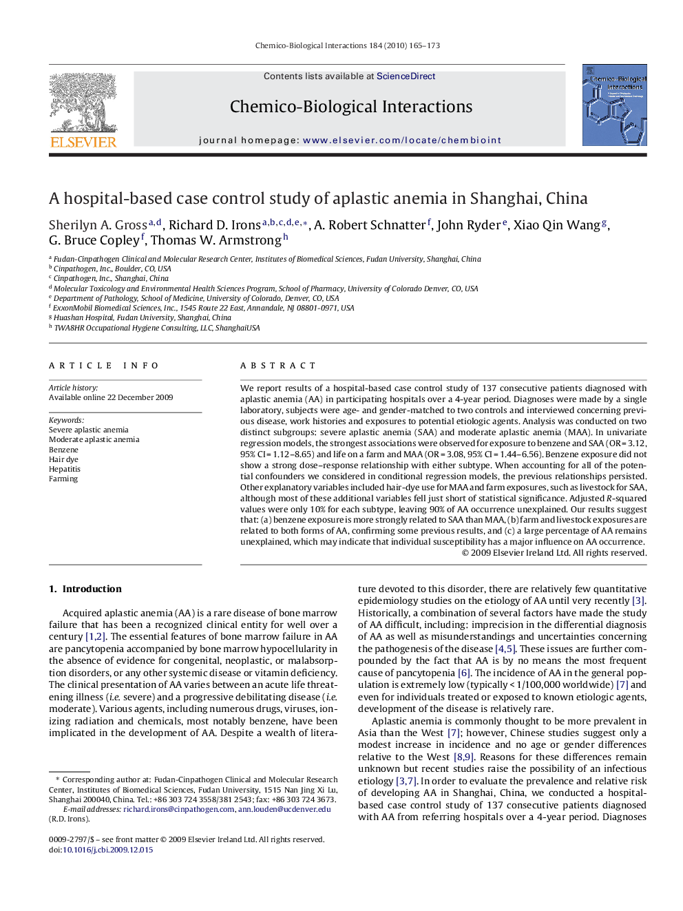 A hospital-based case control study of aplastic anemia in Shanghai, China