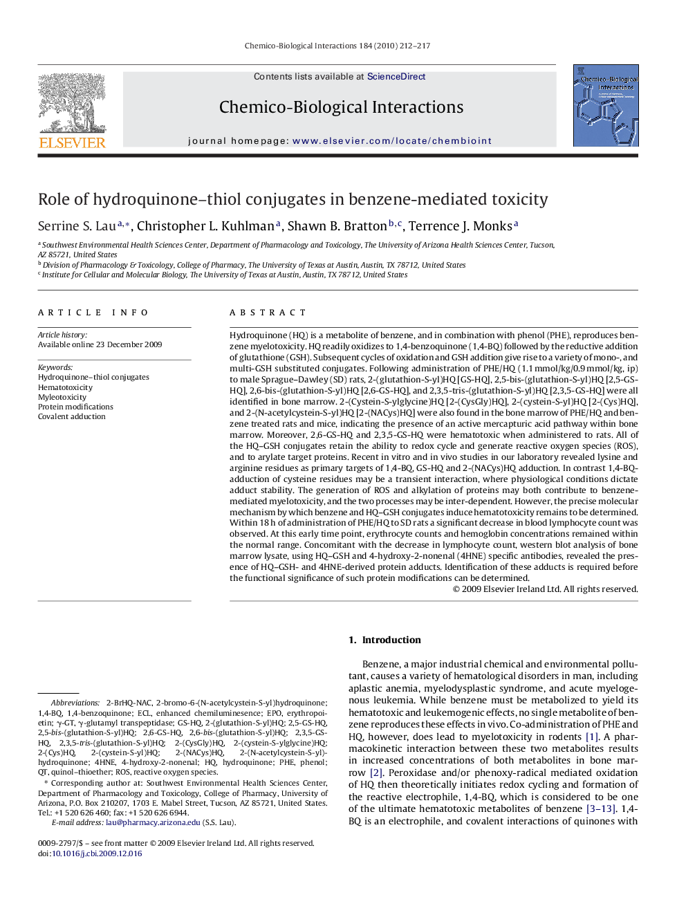 Role of hydroquinone–thiol conjugates in benzene-mediated toxicity