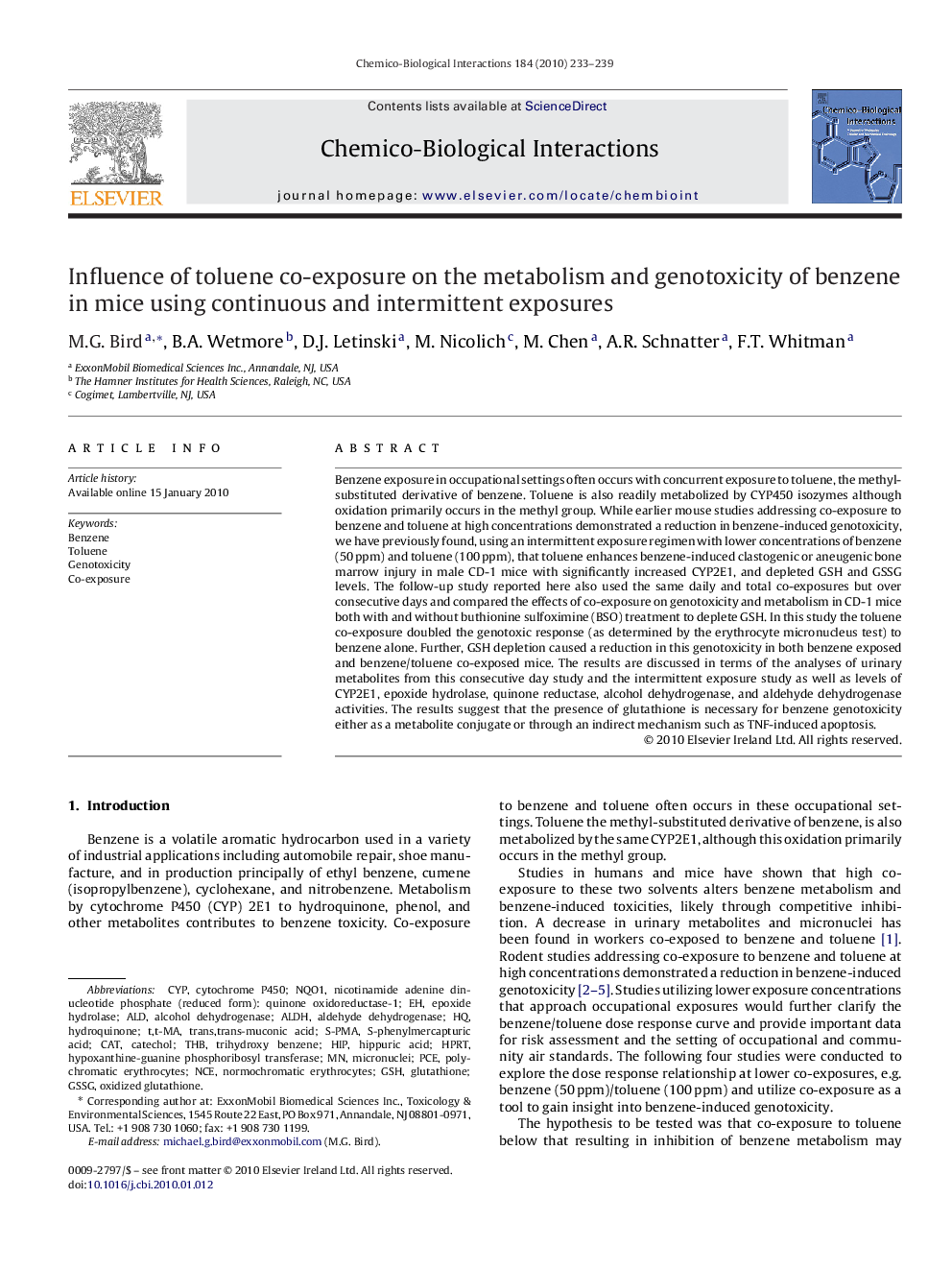 Influence of toluene co-exposure on the metabolism and genotoxicity of benzene in mice using continuous and intermittent exposures